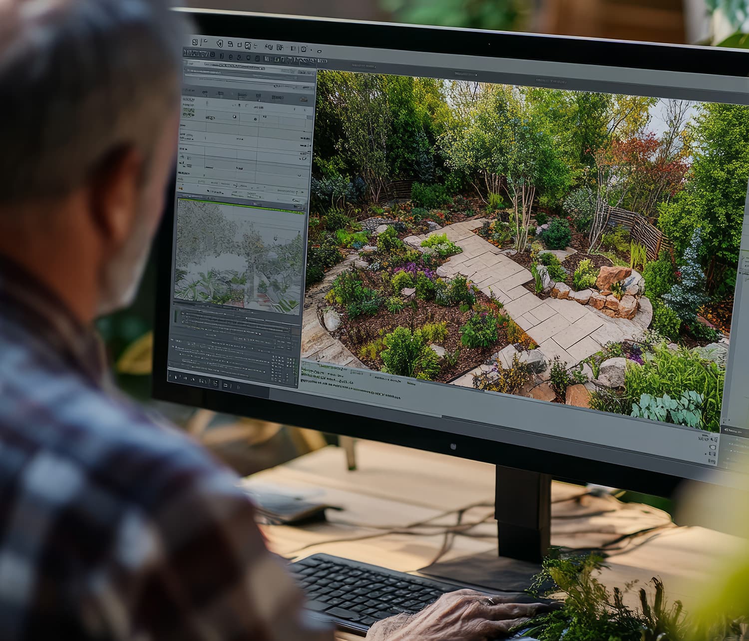Landscape designer reviewing 3D rendering of a Boulder garden design on screen