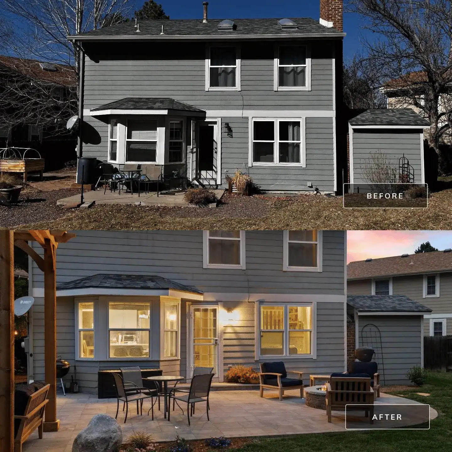 Before and after landscape and outdoor lighting transformation in Boulder, CO by Nature's Way Landscapes