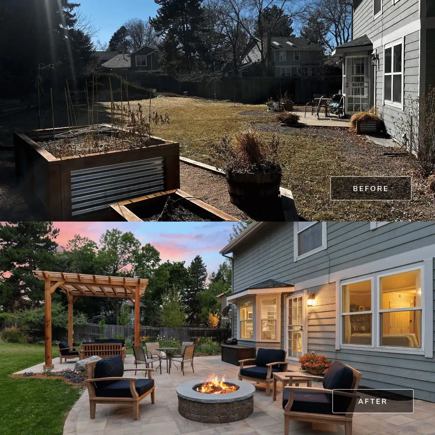 Before and after patio and fire pit transformation in Boulder, CO by Nature's Way Landscapes