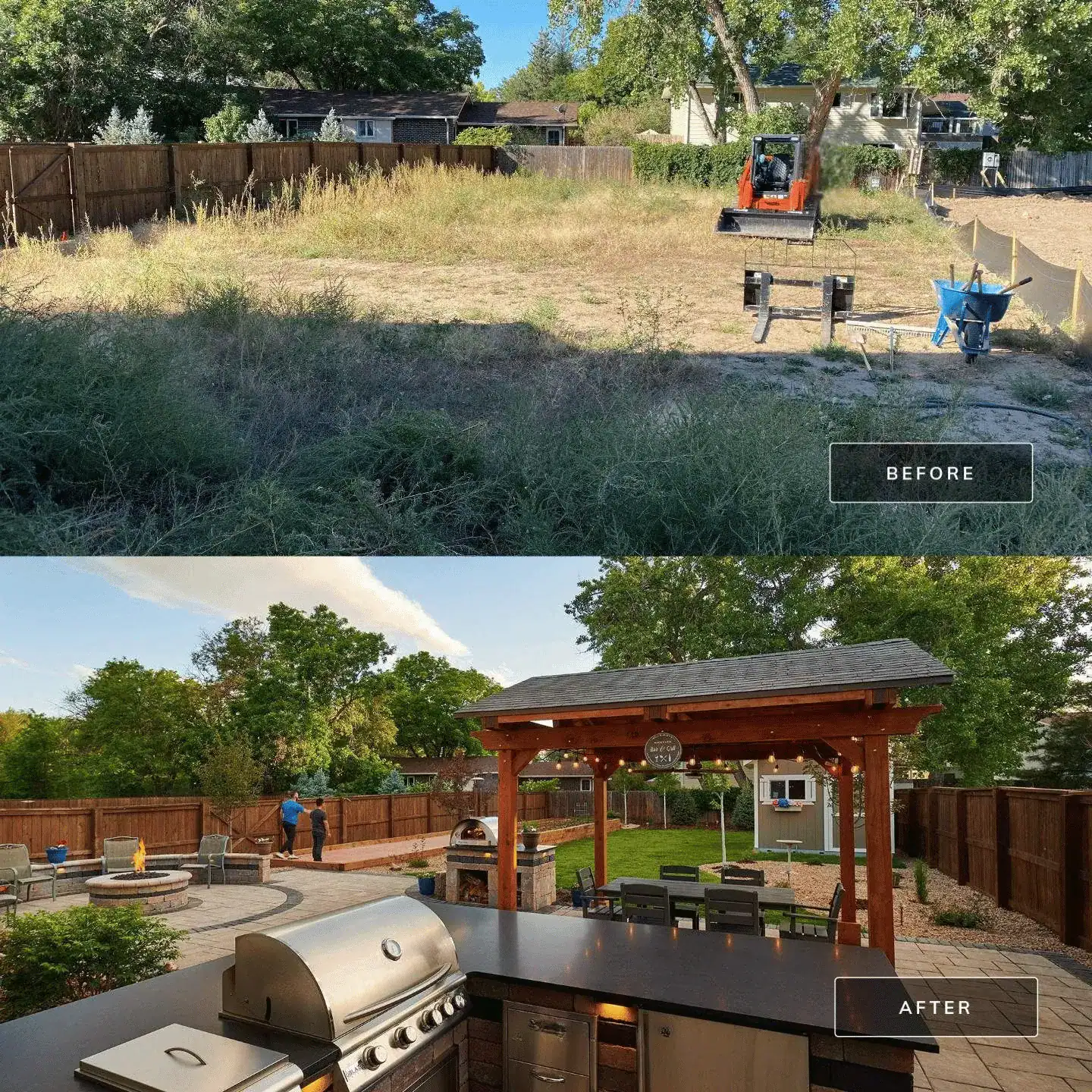 Before and after outdoor living space transformation in Boulder, CO by Nature's Way Landscapes