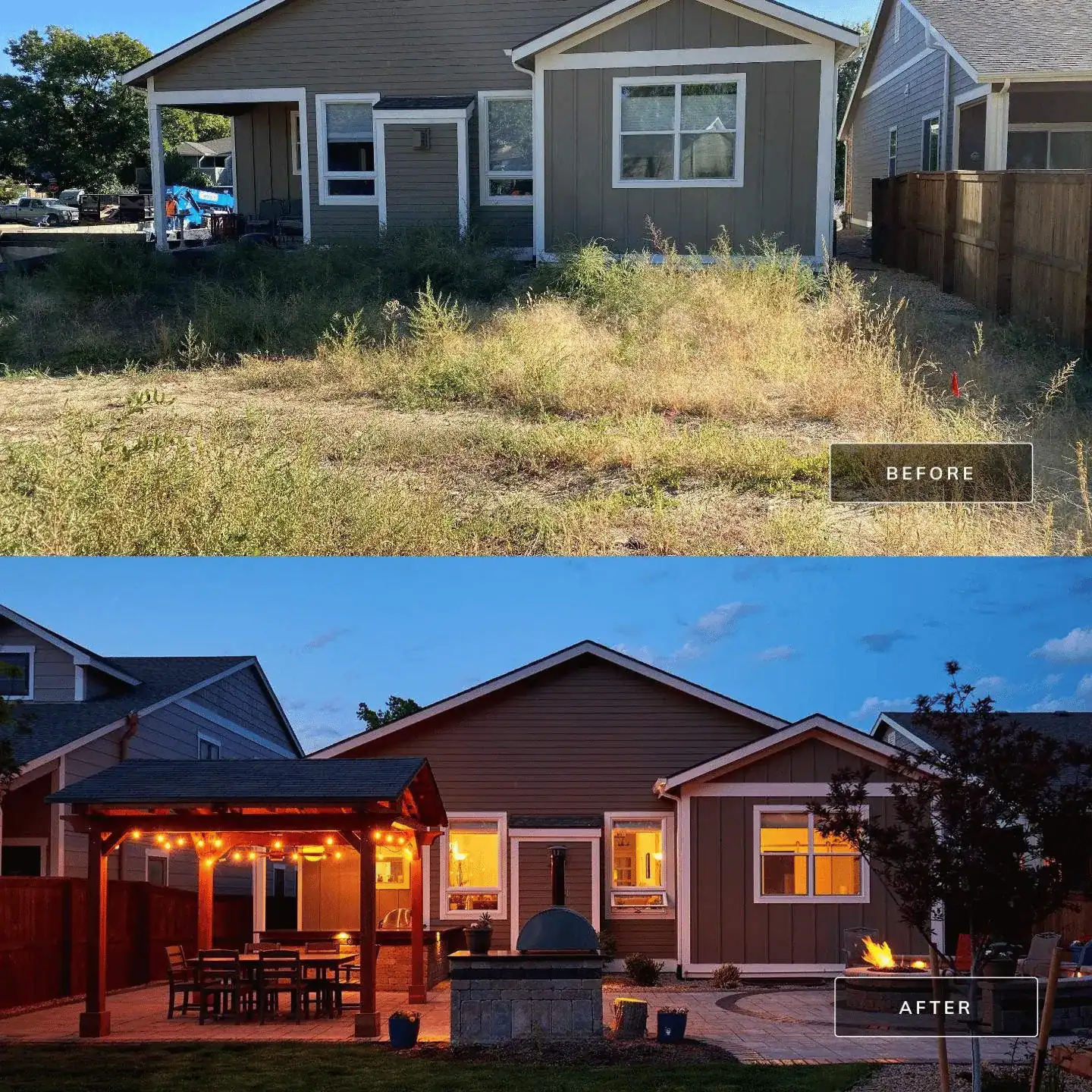Before and after outdoor living transformation in Lafayette, CO by Nature's Way Landscapes