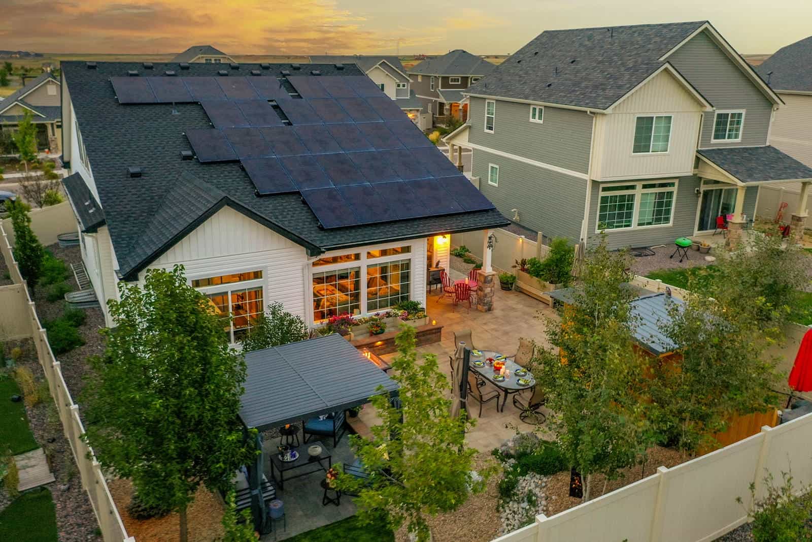 Aerial view of backyard patio and landscape installation in Broomfield, CO by Nature's Way Landscapes