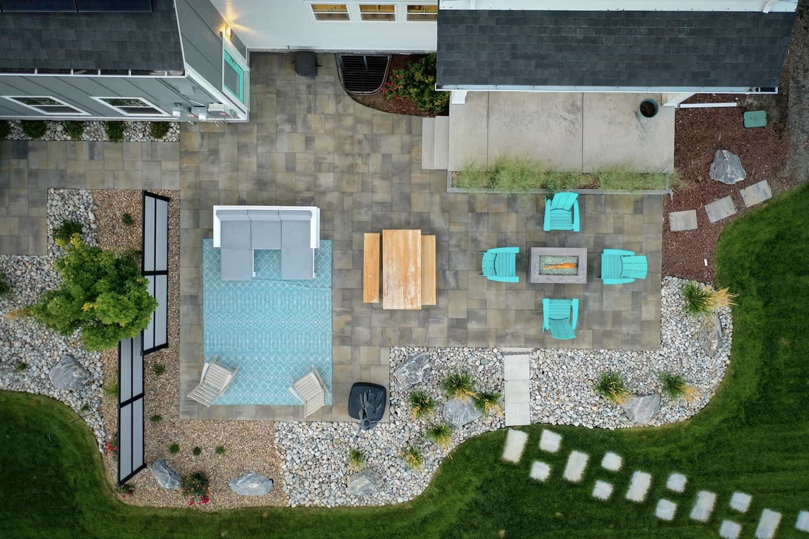 Aerial view of full backyard landscape installation in Erie, CO by Nature's Way Landscapes