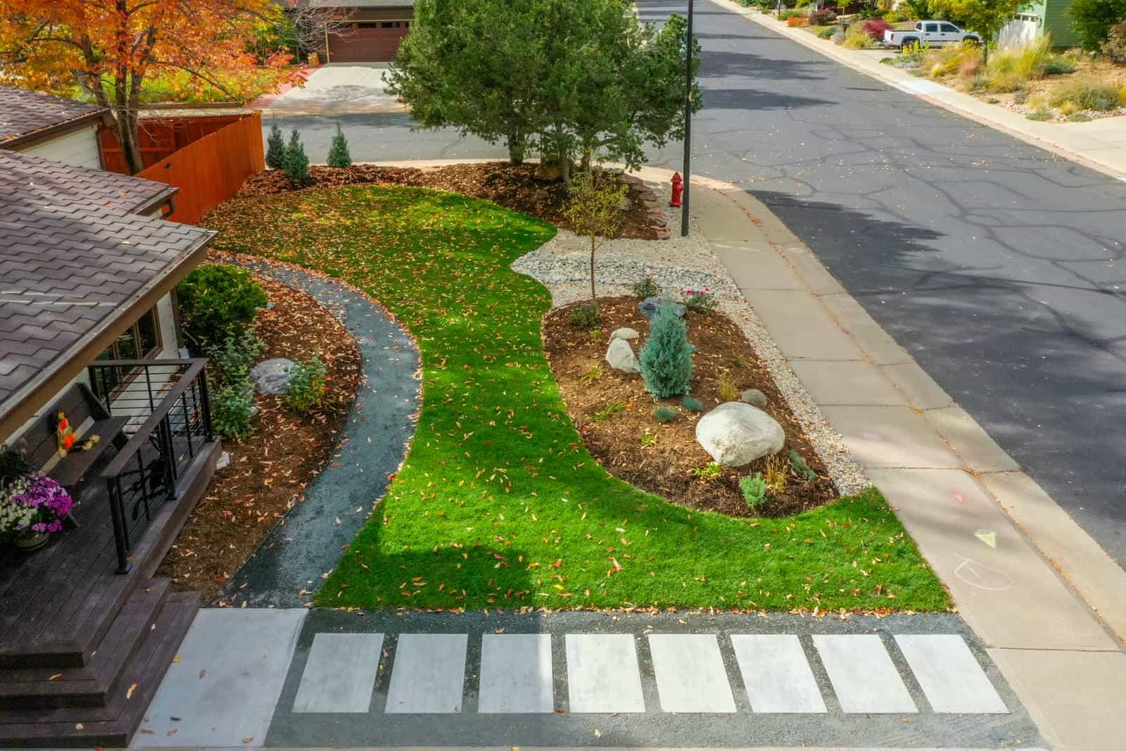 Aerial view of xeric front yard landscape design in Louisville, CO by Nature's Way Landscapes