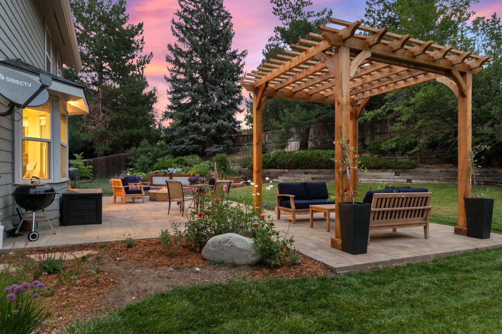 Outdoor pergola and patio installation at evening in Westminster, Colorado