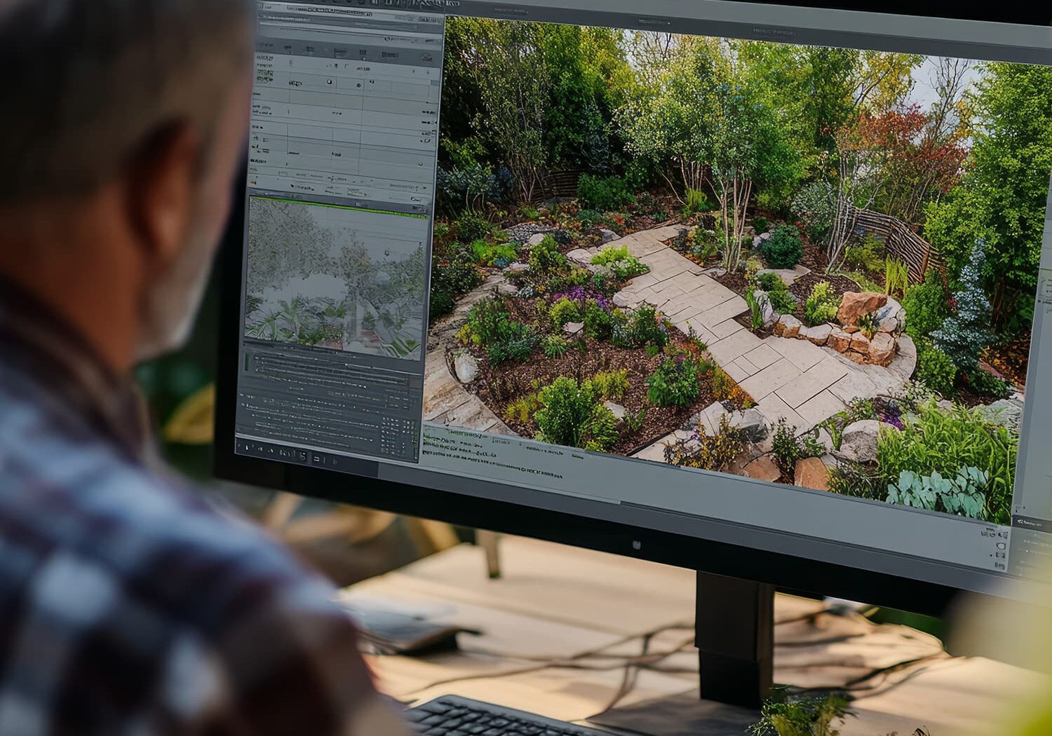 Landscape designer reviewing 3D rendering of a Boulder garden design on screen
